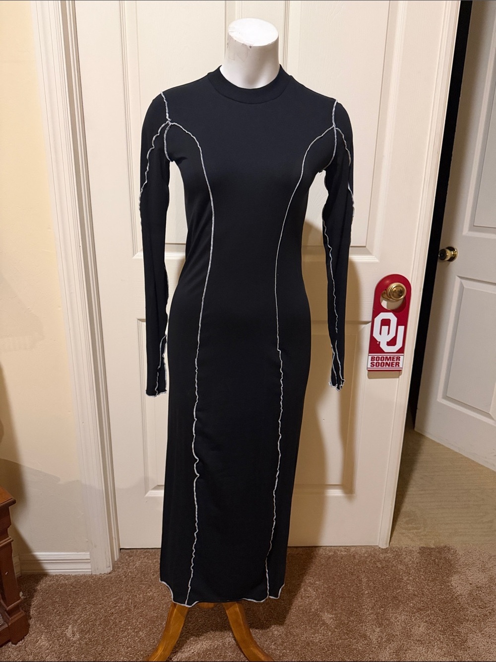 Weekday Emmy Black L/S Bodycon Maxi Dress with White Contrast Stitching. Small